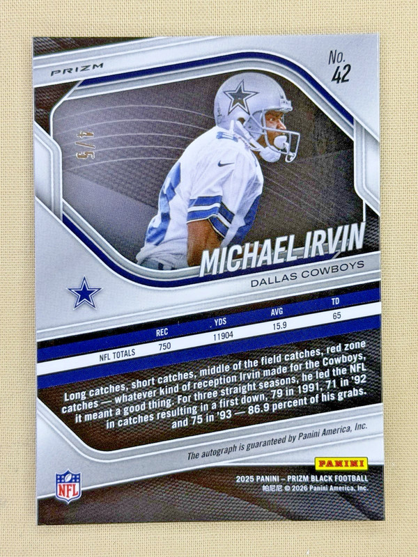 2025 Panini Prizm Black Michael Irvin Gold Vinyl auto /5 Dallas Cowboys #42 view 2
