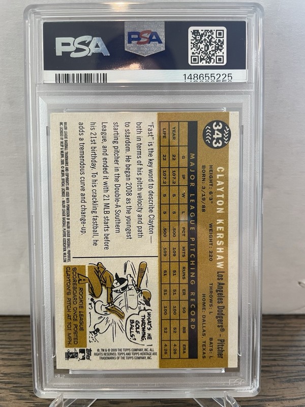2009 Topps Heritage Clayton Kershaw PSA 9 #343 Mint view 2