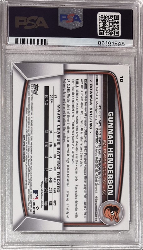GUNNAR HENDERSON ROOKIE PSA 10 GEM MT 2023 Bowman Chrome Sapphire Edition #10 view 2