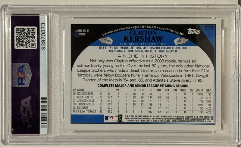 2009 Topps 575 Clayton Kershaw PSA Gem Mint 10 Los Angeles Dodgers view 2