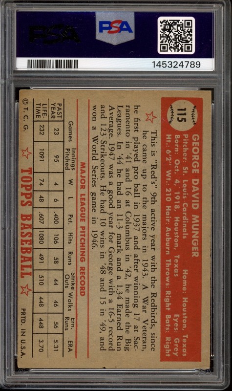 1952 Topps #115 Red Munger PSA 4 Vintage Baseball Card (4789) view 2