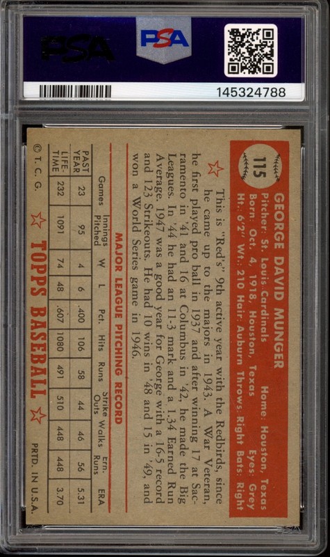 1952 Topps #115 Red Munger PSA 5.5 Vintage Baseball Card (4788) view 2