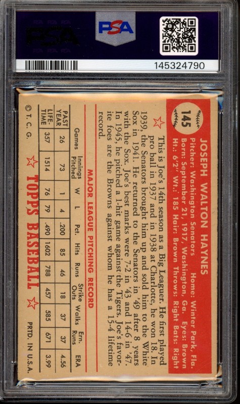 1952 Topps #145 Joe Haynes PSA 4.5 Vintage Baseball Card (4790) view 2