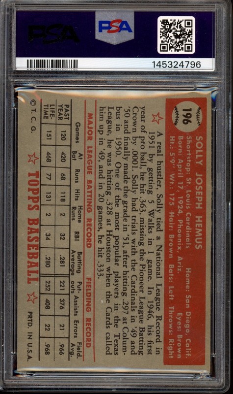 1952 Topps #196 Solly Hemus Rookie PSA 6 Vintage Baseball Card (4796) view 2
