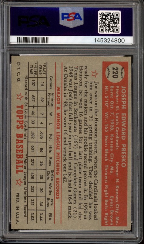 1952 Topps #220 Joe Presko Rookie PSA 4 Vintage Baseball Card (4800) view 2