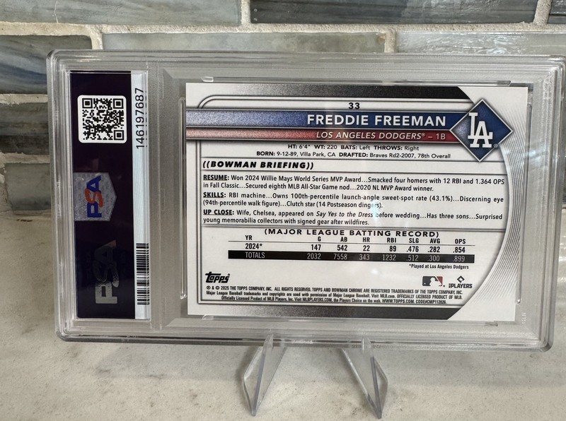 2025 Bowman Chrome #33 Freddie Freeman PSA MINT 9 Blue Wave #/150 Color Match  view 2