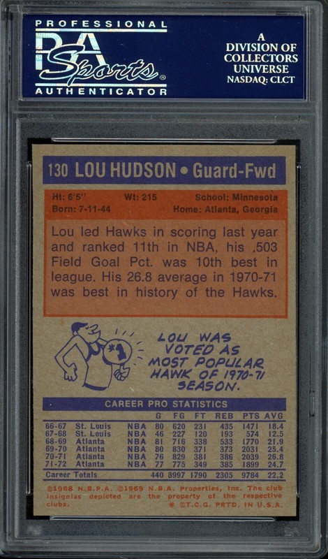 1972 Topps #130 Lou Hudson PSA 9 Atlanta Hawks Vintage HOF Basketball Card view 2