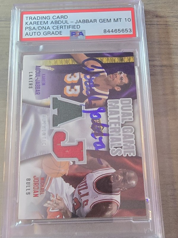2009 UD MICHAEL JORDAN KAREEM ABDUL JABBAR AUTO DUAL MATERIALS GAME USED PSA/DNA