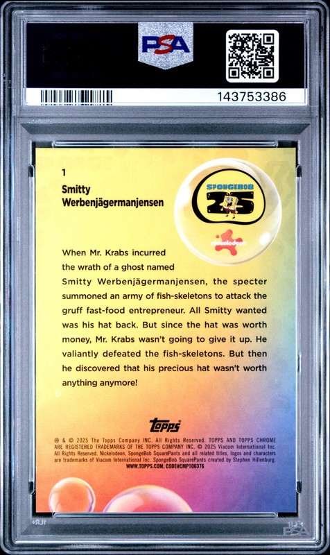 2025 Topps Chrome Sapphire SpongeBob Smitty Werbenjägermanjensen Gold /50 PSA 9 view 2