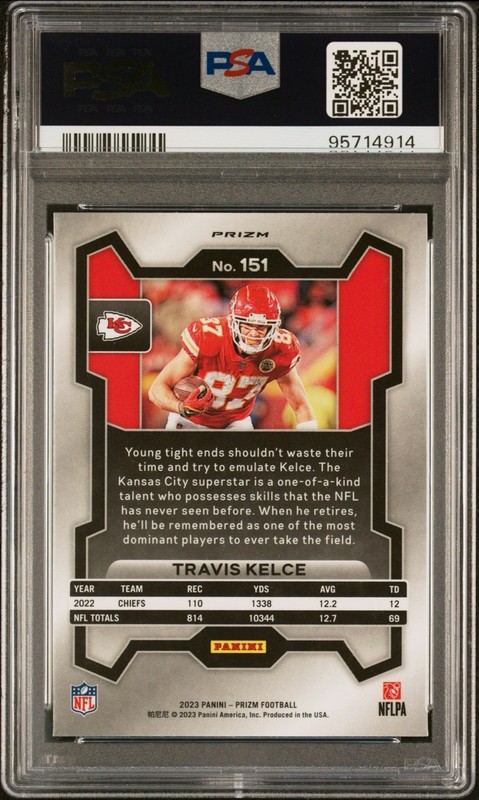 2023 Prizm Travis Kelce Press Proof Prizm PSA 10 Chiefs #151 SSP POP 6 view 2