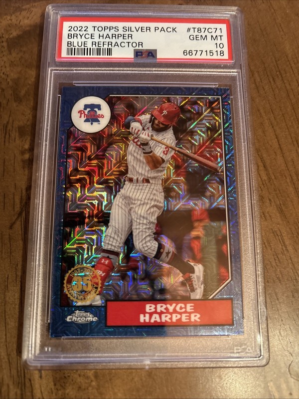 2022 TOPPS SILVER PACK 1987 CHROME BLUE REFRACTOR BRYCE HARPER PSA 10