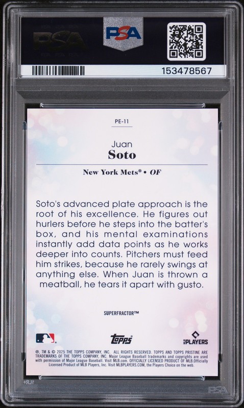 2025 Topps Pristine Pearlescent #11 Juan Soto Superfractor 1/1 PSA 10 view 2