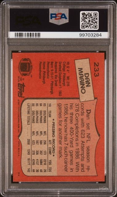1987 Topps #233 Dan Marino PSA 9 Miami Dolphins view 2