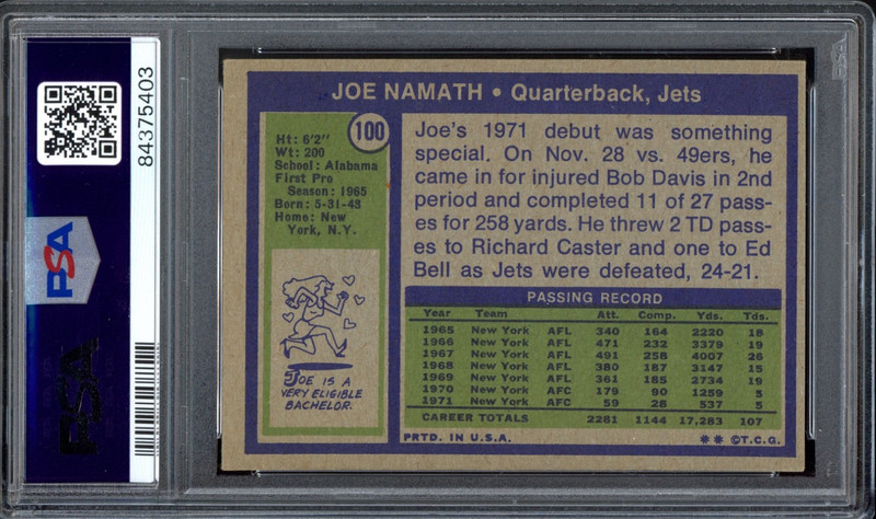 1972 Topps #100 Joe Namath PSA 5 Vintage New York Jets HOF Football Card (5403) view 2