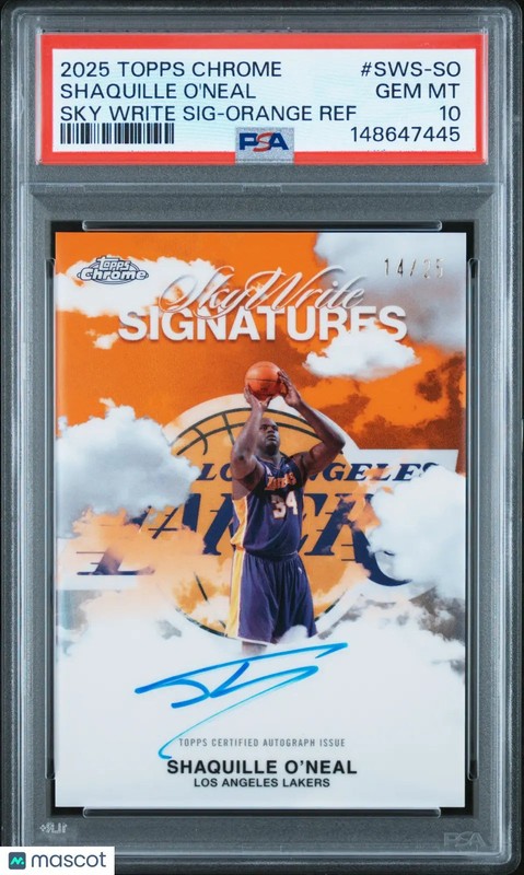 2025 Topps Chrome Sky Write Auto Shaquille O'Neal Orange Refractor /25 PSA 10