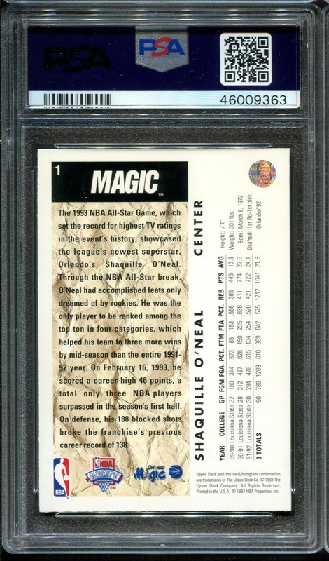 1992 Upper Deck Baketball #1 Shaquille O'Neal PSA 9 HOF Orlando Magic view 2