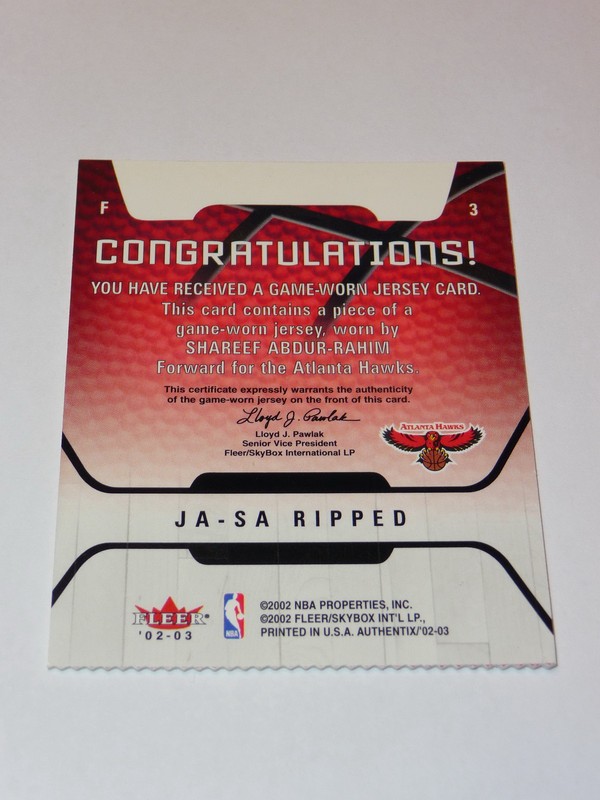 Shareef Abdur-Rahim 2002 Atlanta Hawks Fleer Authentic NBA Game Used Jersey Card view 2