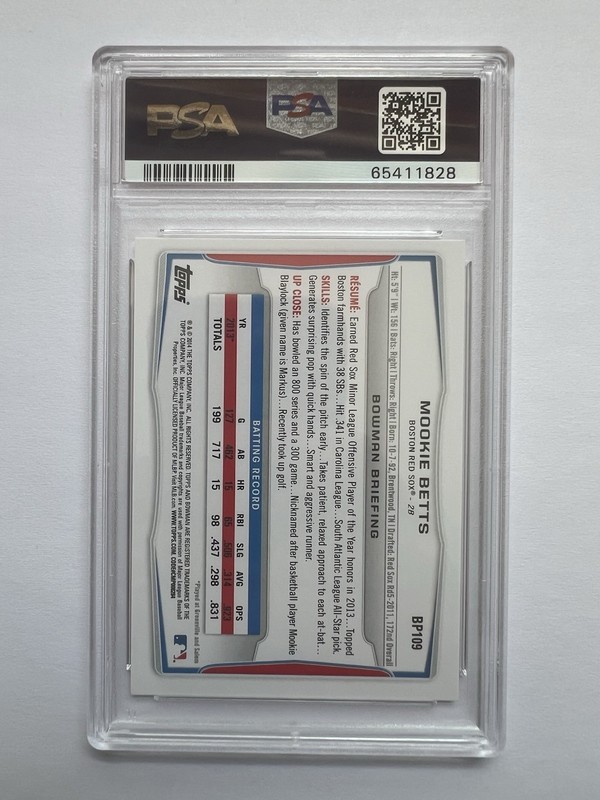 Bowman 2014 Prospects Mookie Betts #BP109 1st Bowman Rookie PSA 10 Red Sox view 2