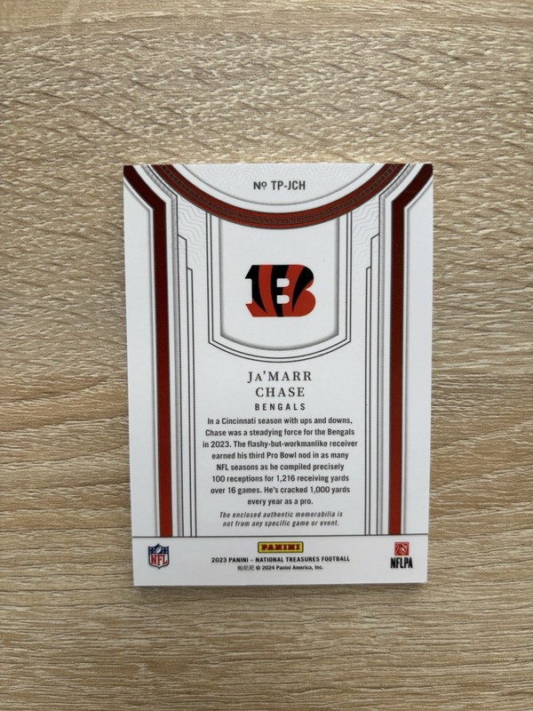 2023 National Treasures Ja'Marr Chase Treasured Patches 1/1 Platinum Patch view 2