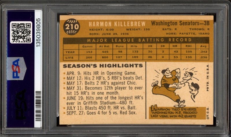 1960 Topps #210 Harmon Killebrew PSA 5 Vintage HOF Baseball Card (9805) view 2