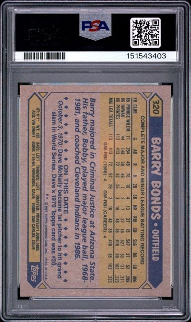 1987 Topps Barry Bonds #320 PSA 9 Rookie RC view 2