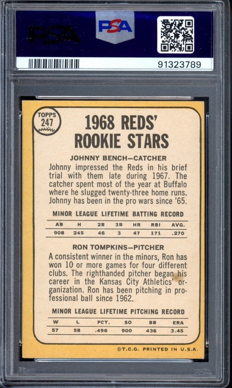 1968 Topps #247 Johnny Bench Rookie PSA 3 Vintage HOF RC Baseball Card (3789) view 2