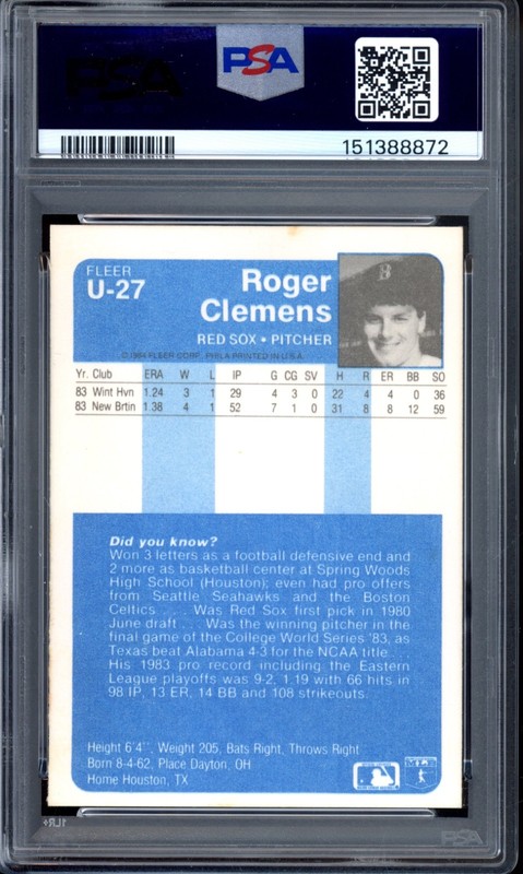 1984 Fleer Update #U-27 Roger Clemens Rookie PSA 7 Vintage Baseball Card (8872) view 2