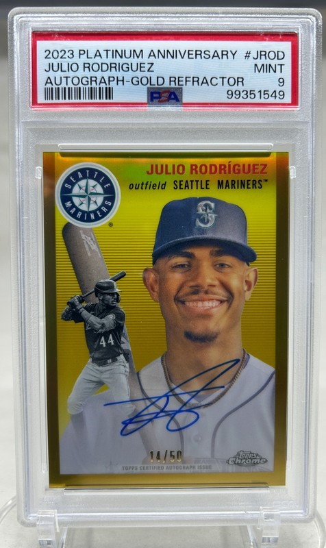 Julio Rodriguez 2023 Topps Chrome Platinum Gold Refractor Auto /50 PSA 9