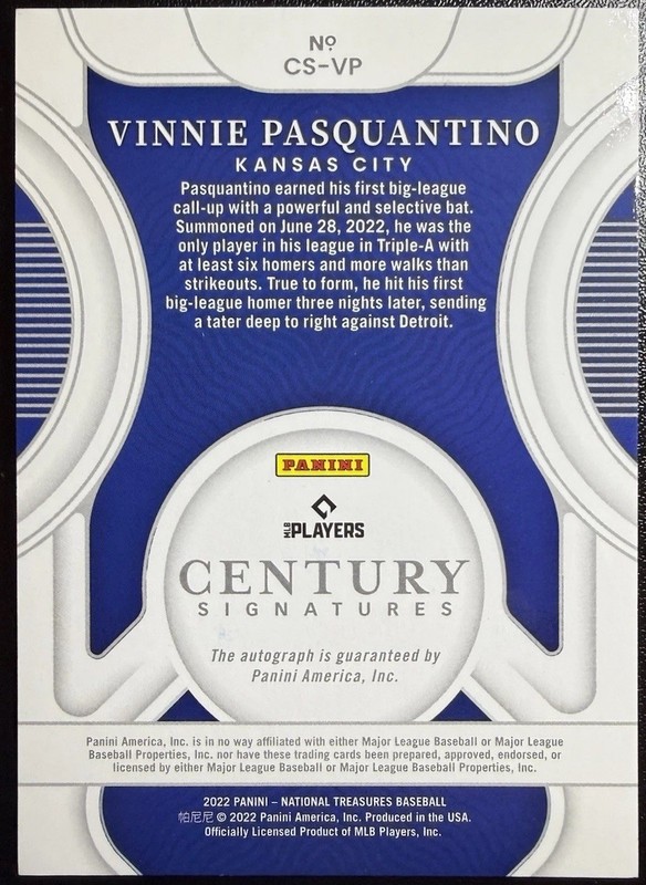 2022 National Treasures Vinnie Pasquantino /10 SSP Century Signatures Auto KC view 2