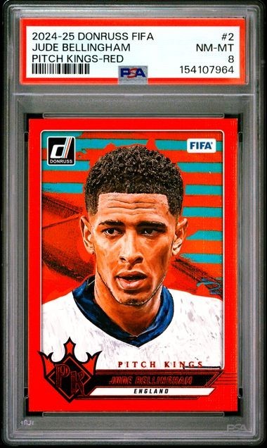 2024-25 PANINI DONRUSS FIFA PITCH KINGS #2 JUDE BELLINGHAM PITCH KINGS-RED PSA 8