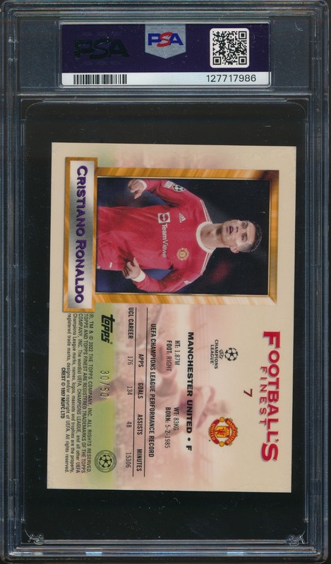 2021-22 TOPPS FINEST CRISTIANO RONALDO #7 JUMBO TOPPER GOLD REFRACTOR #/50 PSA 9 view 2