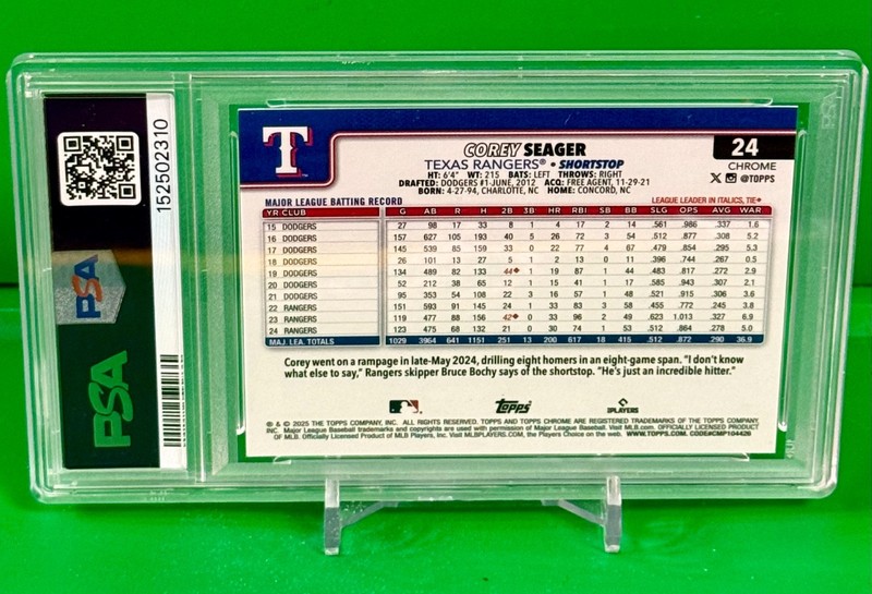 2025 Topps Chrome Corey Seager PURPLE REFRACTOR /250 PSA 9 #135 Rangers MINT view 2