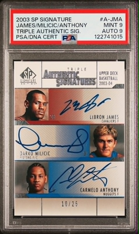 2003-04 SP GAME USED LEBRON JAMES CARMELO DARKO TRIPLE RC AUTO /25 PSA 9 AL2