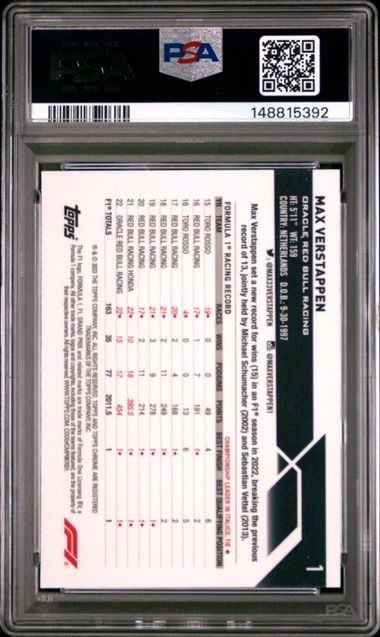 MAX VERSTAPPEN 2023 Topps Chrome F1 SAPPHIRE EDITION #1 PSA 9 MINT view 2