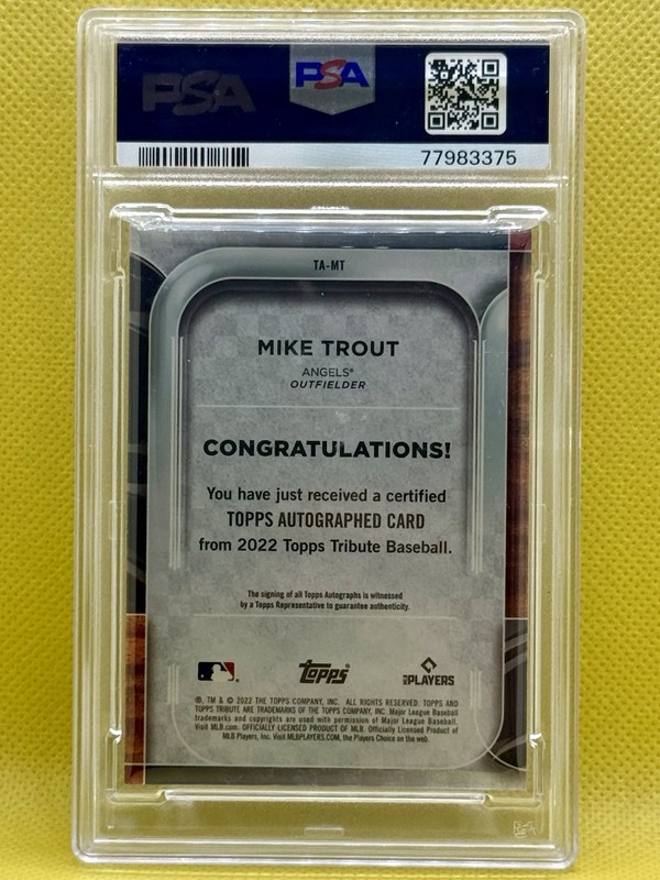 2022 Topps Tribute Mike Trout On Card Auto #TAMT Angels PSA 9 14/15  view 2