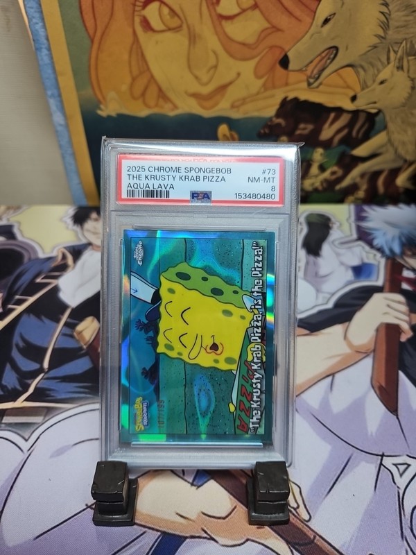 2025 TOPPS CHROME SPONGEBOB 25TH ANNI #73 THE KRUSTY KRAB PIZZA AQUA LAVA PSA 8