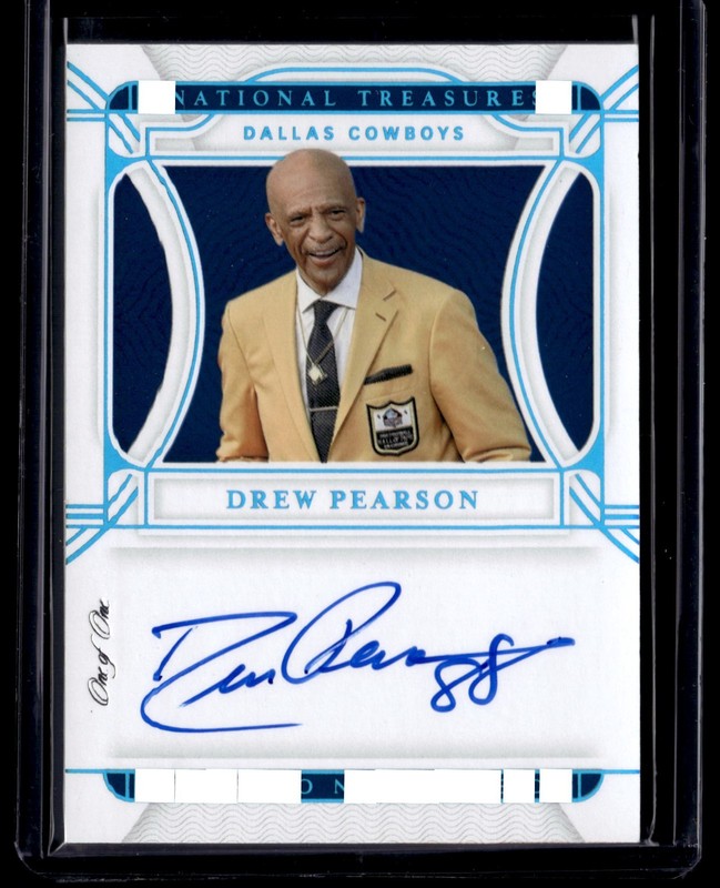 DREW PEARSON #1/1 2021 NATIONAL TREASURES PERSONALIZED PLATINUM ON CARD AUTO