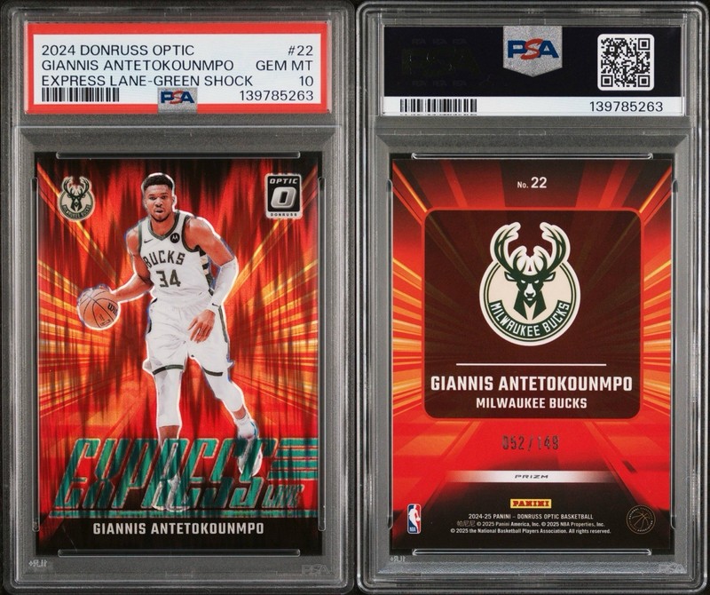 2024 Optic Express Lane Green Shock Prizm Giannis Antetokounmpo PSA 10!! 52/149