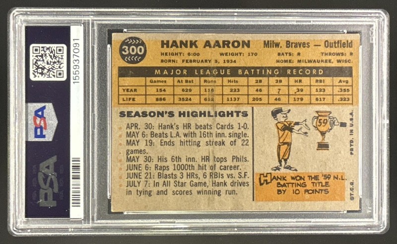 1960 TOPPS HANK AARON #300 PSA 3 MILWAUKEE BRAVES view 2