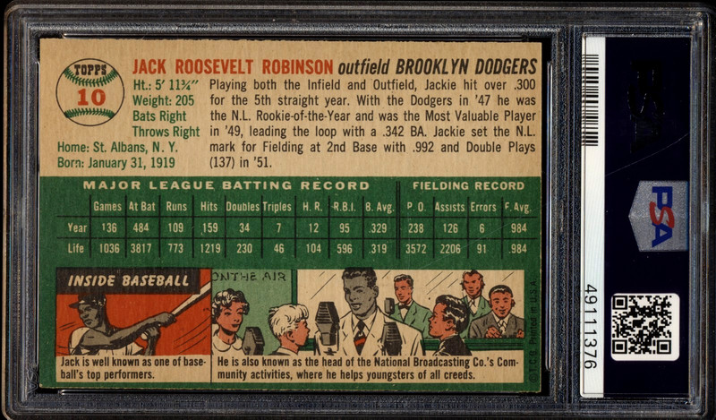 1954 Topps Brooklyn Dodgers Jackie Robinson #10 White Back PSA 6 EX-MT HOF view 2