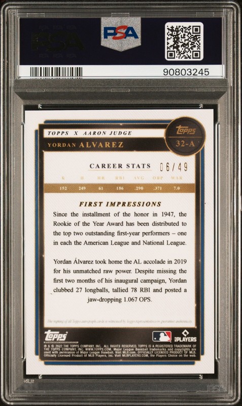 2022 Topps X Aaron Judge Yordan Alvarez Auto Blue /49 #32-A PSA 9 Astros view 2