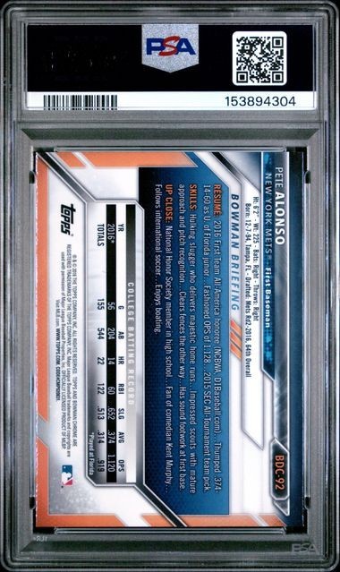 2016 BOWMAN DRAFT #BDC92 PETE ALONSO CHROME PSA 10 view 2