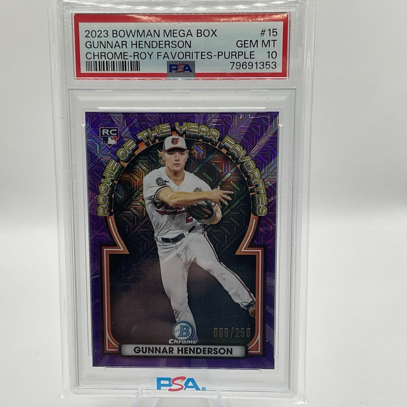 2023 Bowman Chrome Gunnar Henderson Favorites 44/250 Purple ROYF-15 PSA 10 view 1