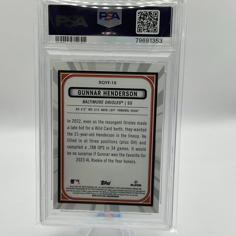 2023 Bowman Chrome Gunnar Henderson Favorites 44/250 Purple ROYF-15 PSA 10 view 2