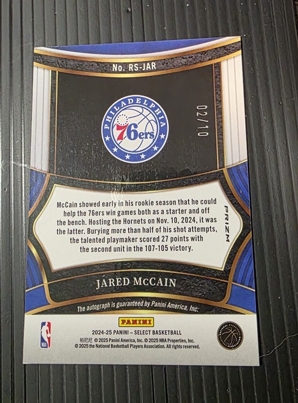 2024-25  Select Rookie Signatures Jared McCain #RS-JAR Gold Prizm /10 Auto RC view 2