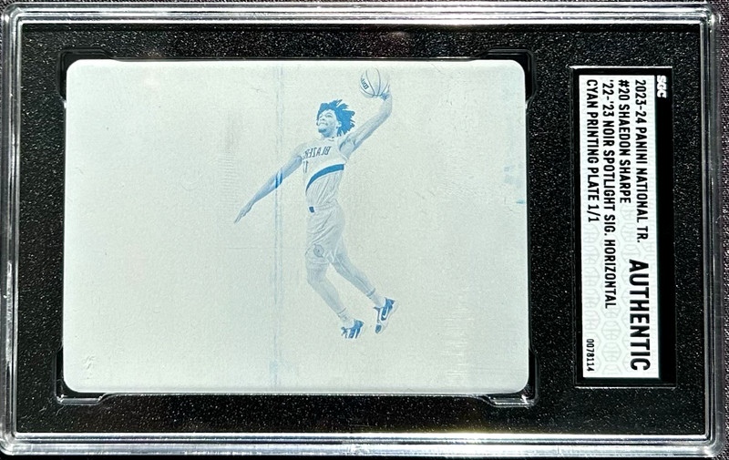 2023-24 National Treasures Shaedon Sharpe Cyan Plate 1/1 Noir Spotlight Sig #20
