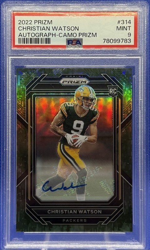 2022 Panini Prizm Christian Watson Camo RC Auto 21/25 #314 Packers Rookie PSA 9