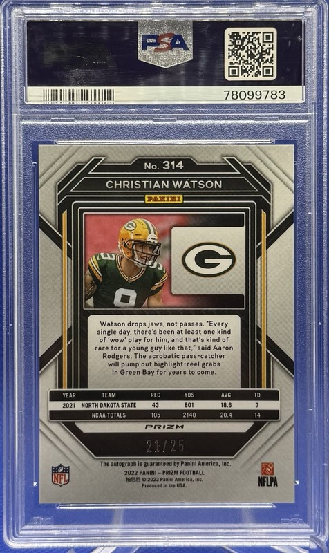 2022 Panini Prizm Christian Watson Camo RC Auto 21/25 #314 Packers Rookie PSA 9 view 2
