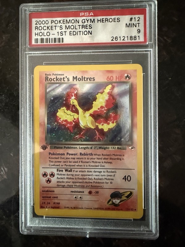 2000 Pokemon 1st Edition Gym Heroes # 12 Rocket's Moltres Holo PSA 9 Card MINT!