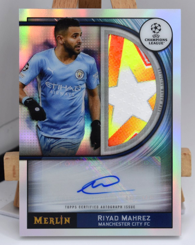 Riyad Mahrez AUTOGRAPH JUMBO BALL RELIC 2021-22 Topps Merlin Chrome UEFA CL